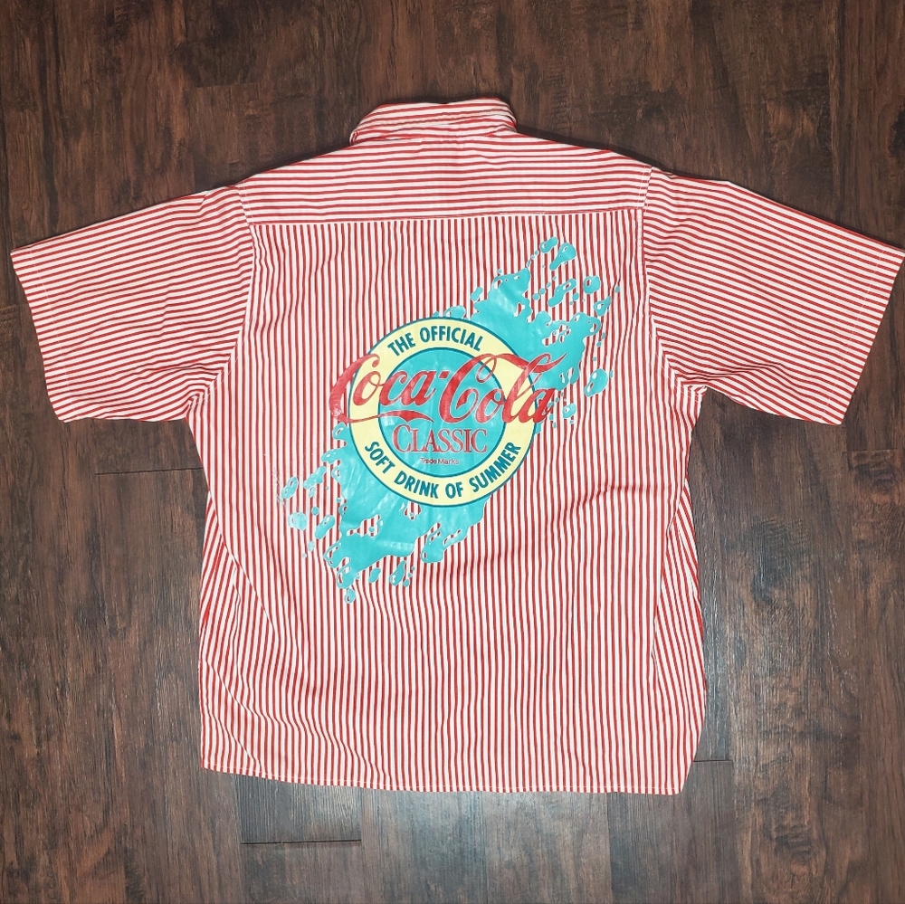 Coca Cola Red Striped Men's Shirt Size Large - Vintage - Drink Of Summer Uniform